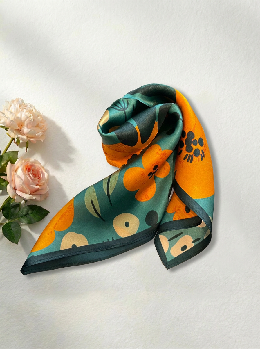 Mulberry Silk Scarf: Floral Print Neckerchief (53x53cm)