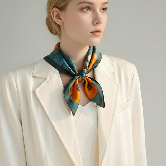 Mulberry Silk Scarf: Floral Print Neckerchief (53x53cm)