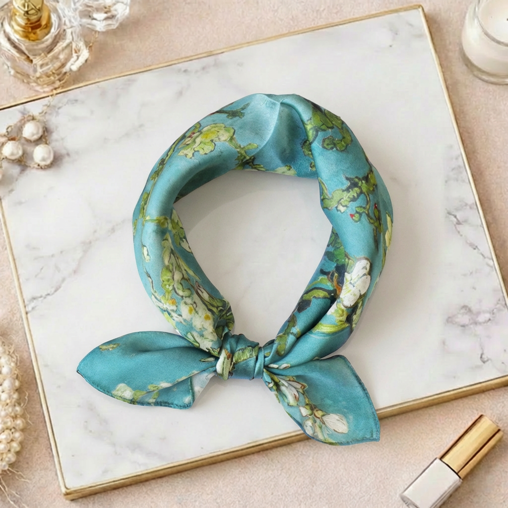 Turquoise Almond Blossom Mulberry Silk Square 53cm/21"