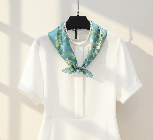 Turquoise Almond Blossom Mulberry Silk Square 53cm/21"