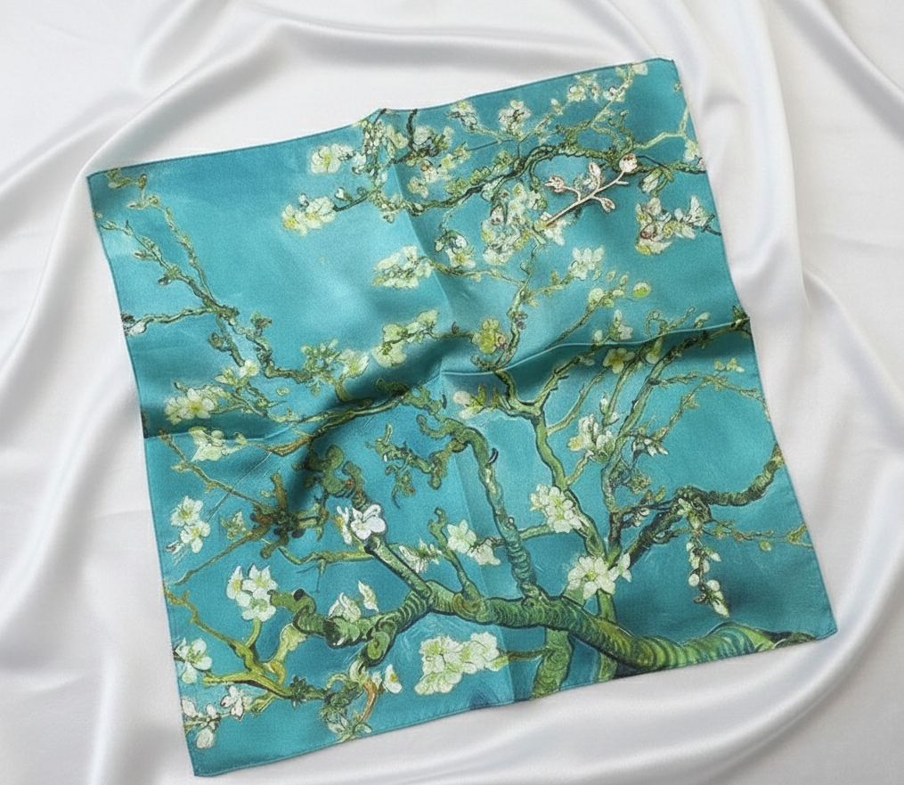 Turquoise Almond Blossom Mulberry Silk Square 53cm/21"
