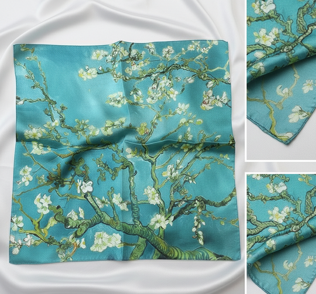 Turquoise Almond Blossom Mulberry Silk Square 53cm/21"