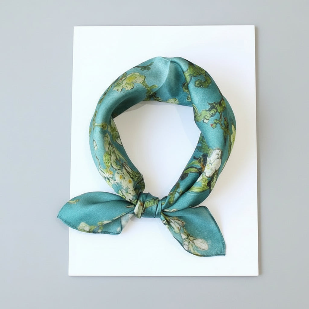 Turquoise Blossom Mulberry Silk Square Scarf 53cm