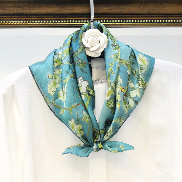 Turquoise Blossom Mulberry Silk Square Scarf 53cm