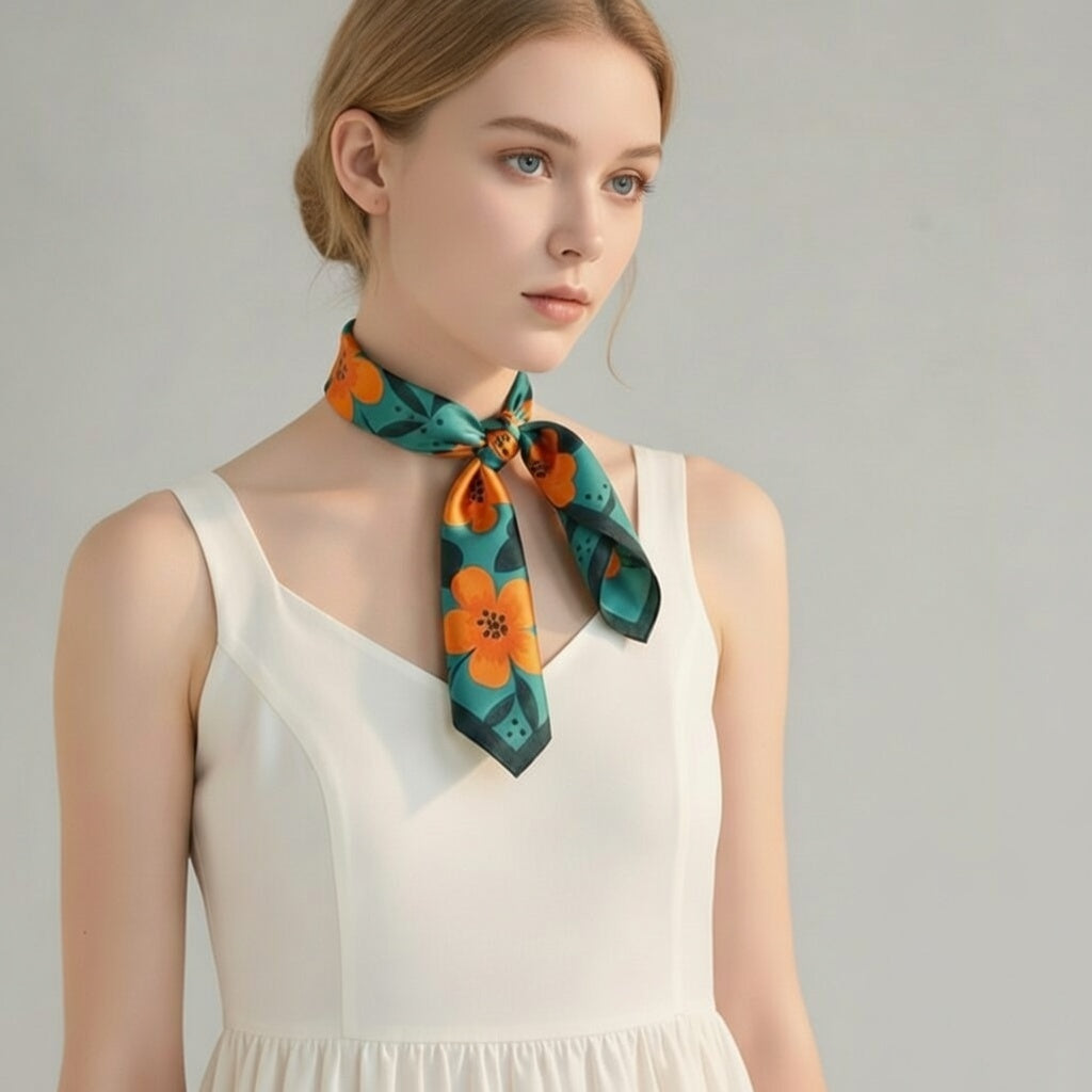 Mulberry Silk Scarf: Floral Print Neckerchief (53x53cm)