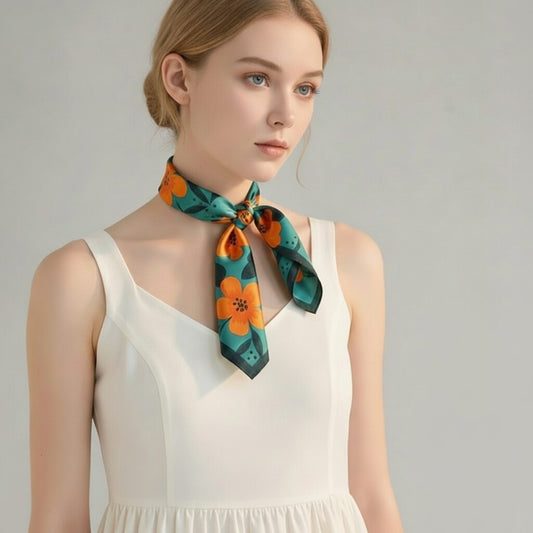 Mulberry Silk Scarf: Floral Print Neckerchief (53x53cm)