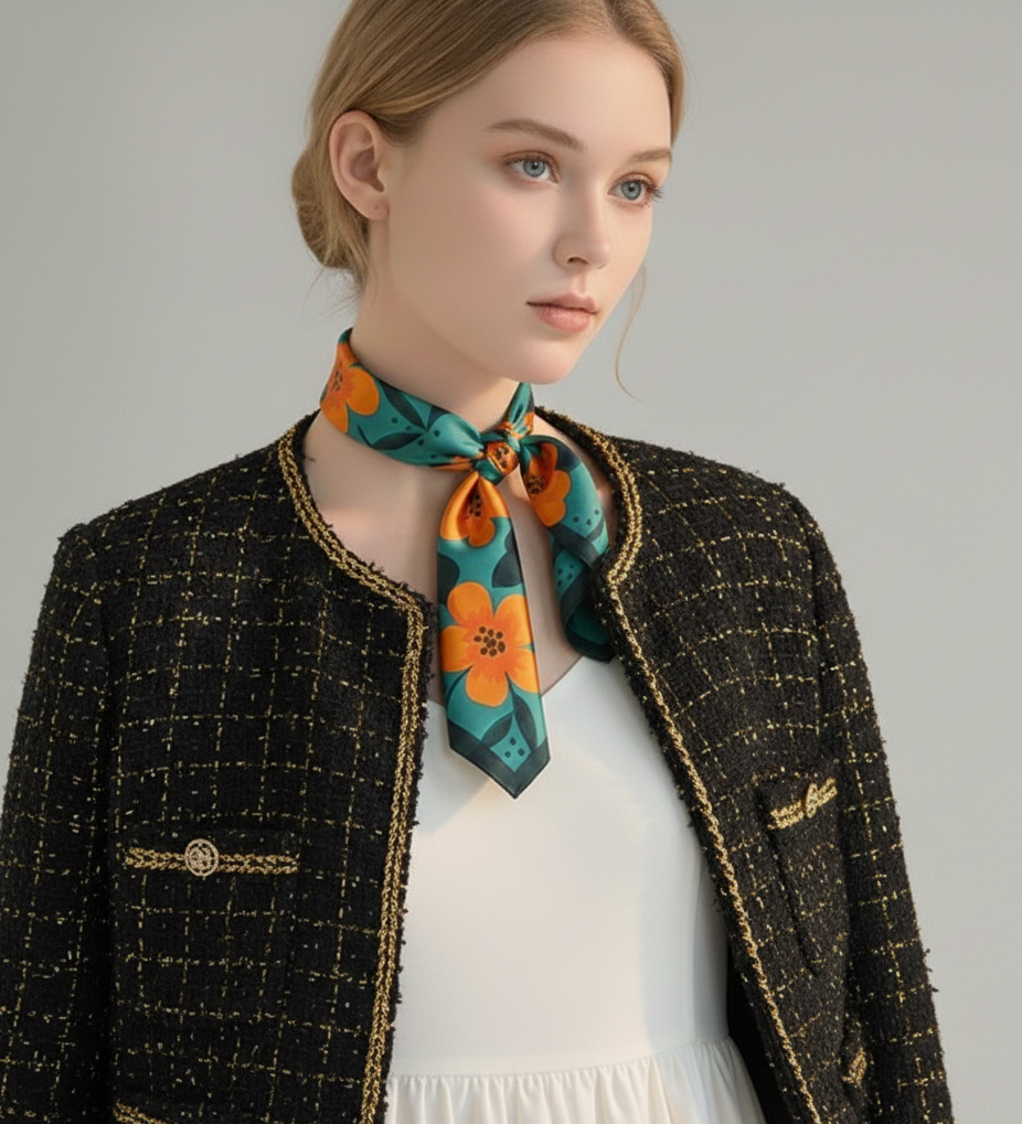 Mulberry Silk Scarf: Floral Print Neckerchief (53x53cm)