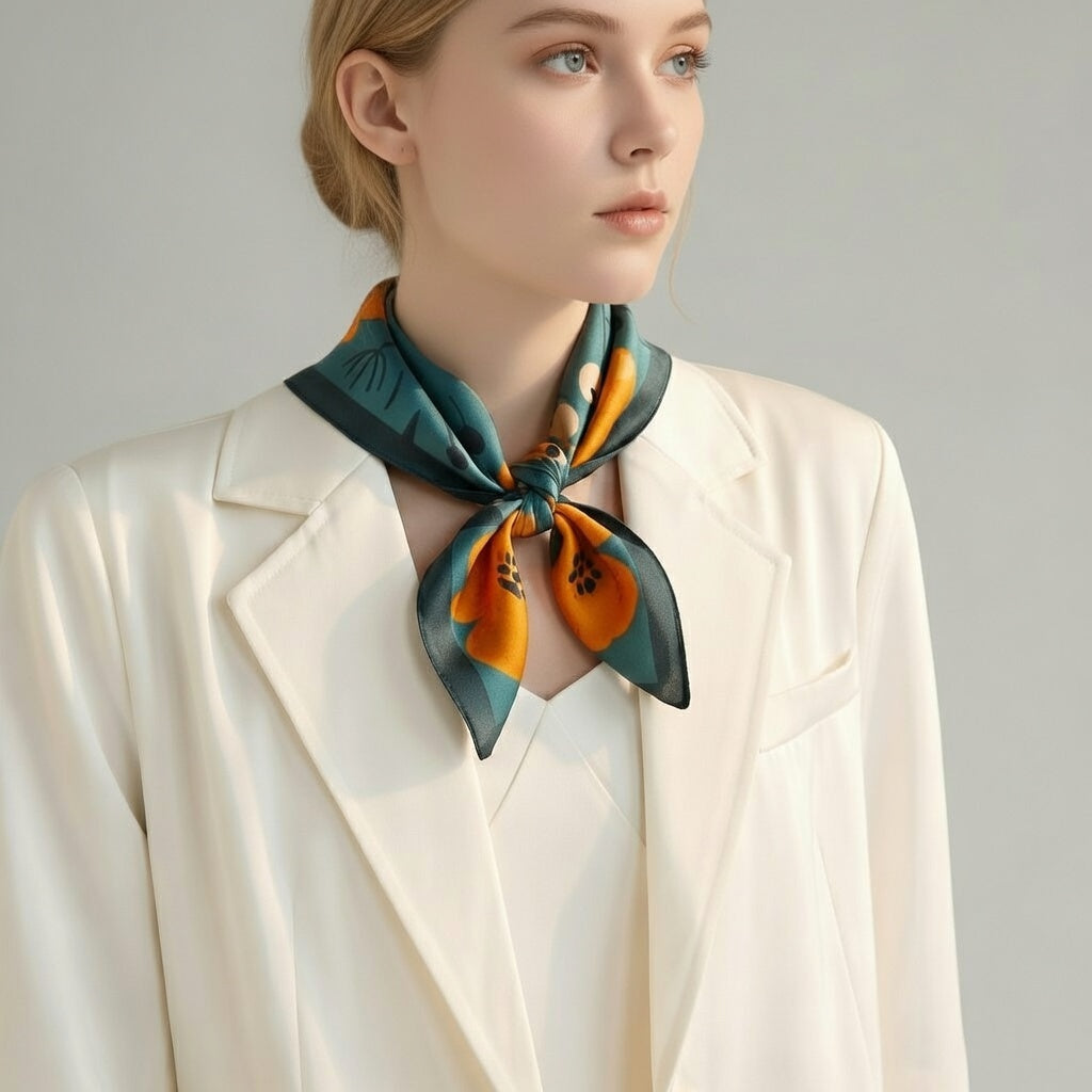 Mulberry Silk Scarf: Floral Print Neckerchief (53x53cm)