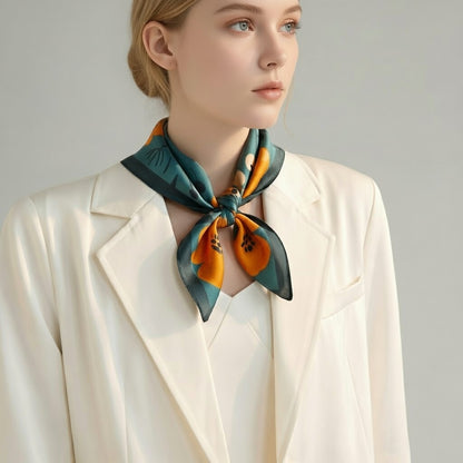 Mulberry Silk Scarf: Floral Print Neckerchief (53x53cm)