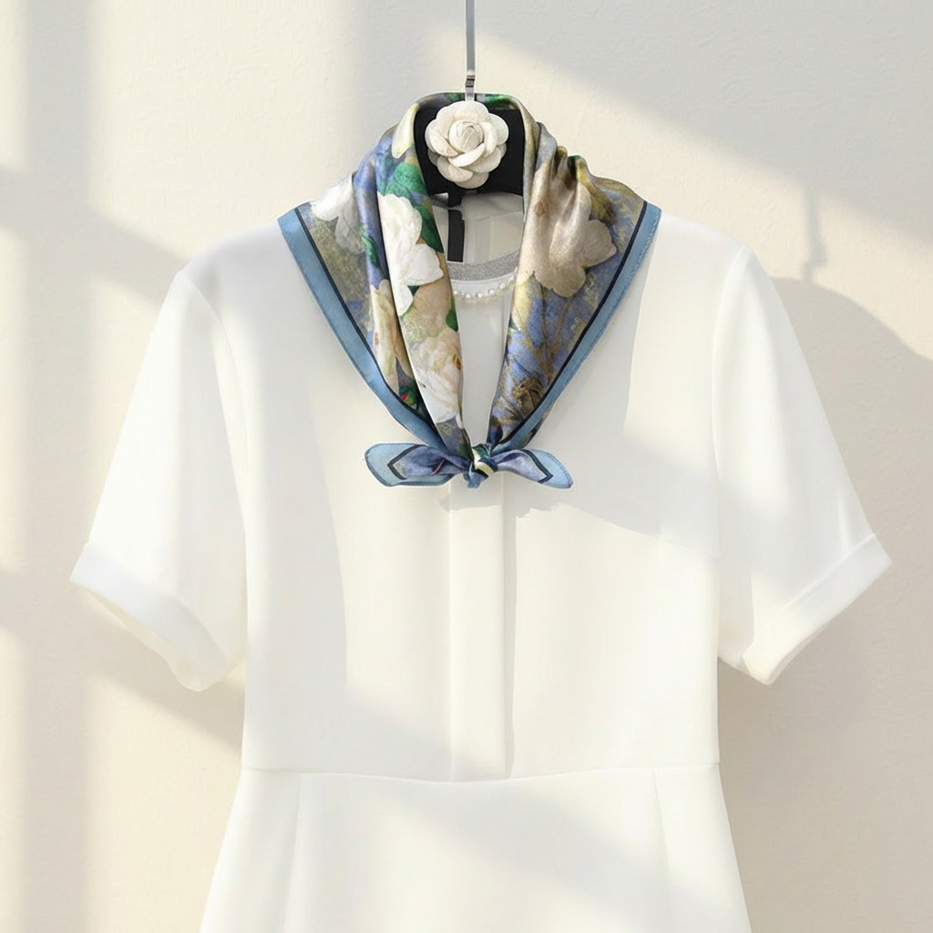 Mulberry Silk Scarf: Floral Print Neckerchief (53x53cm) (Copy)