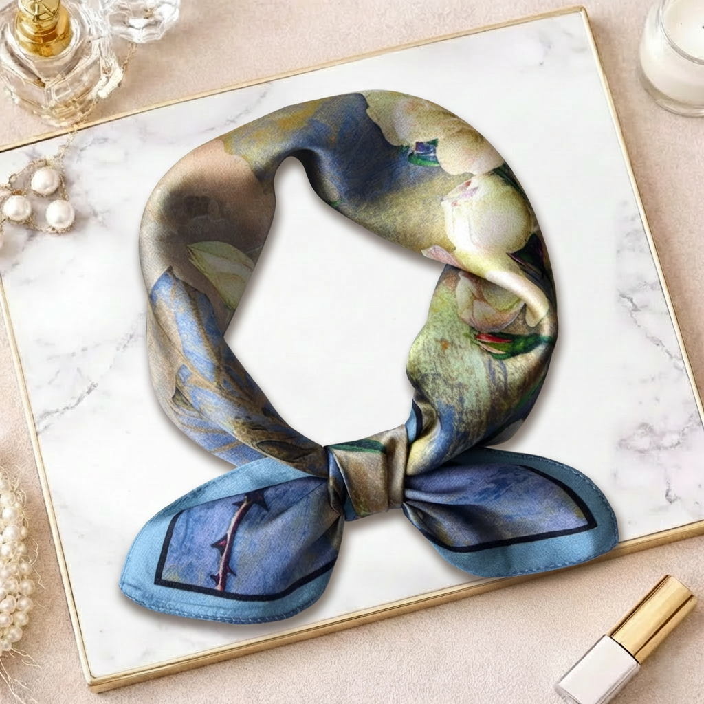 Mulberry Silk Scarf: Floral Print Neckerchief (53x53cm) (Copy)