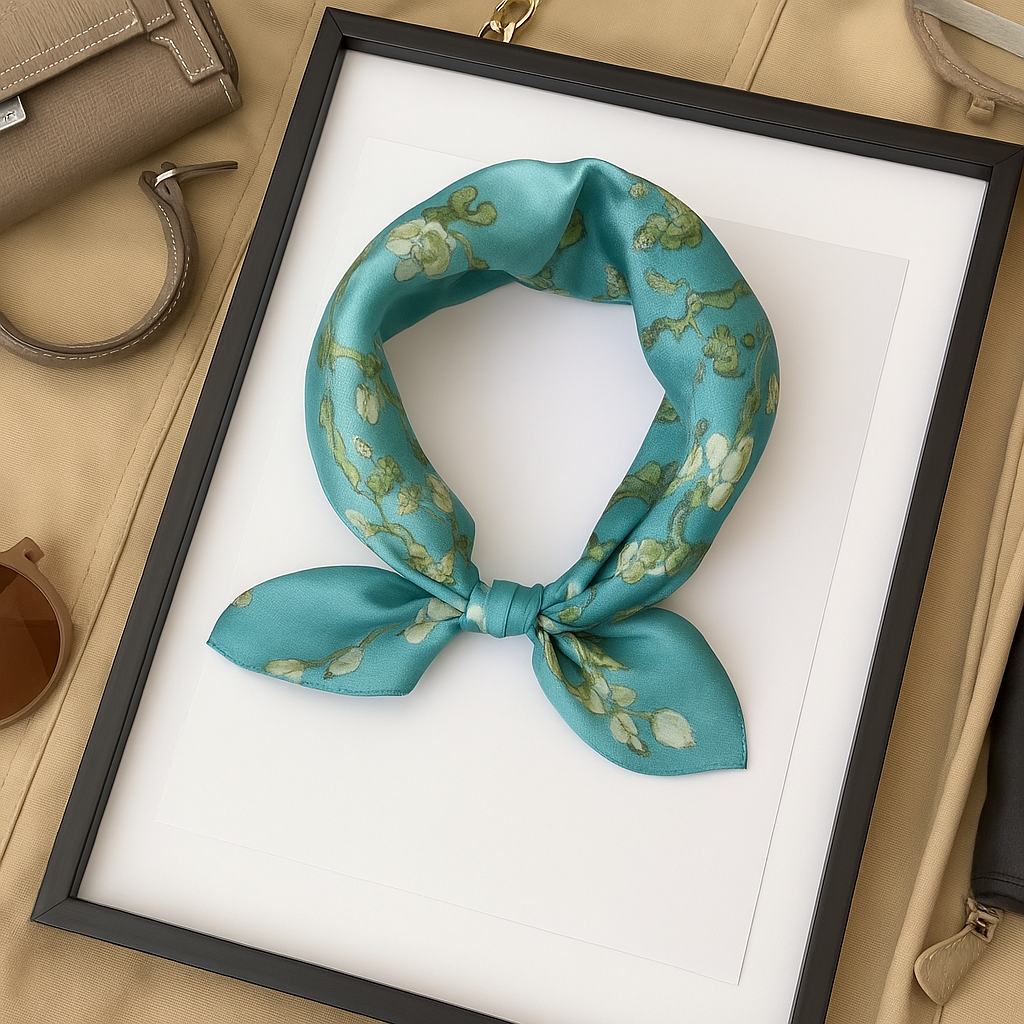 Turquoise Blossom Mulberry Silk Square Scarf 53cm