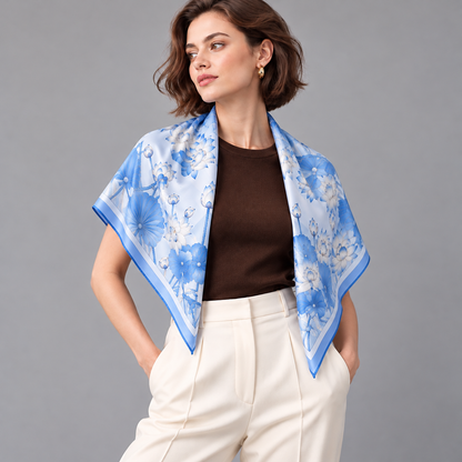 Blue & Pink Lotus Silk Scarf-Two-Tone Reversible 90