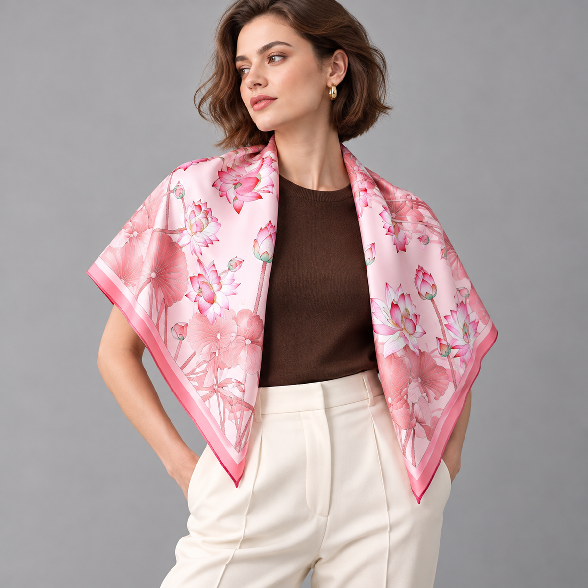 Blue & Pink Lotus Silk Scarf-Two-Tone Reversible 90