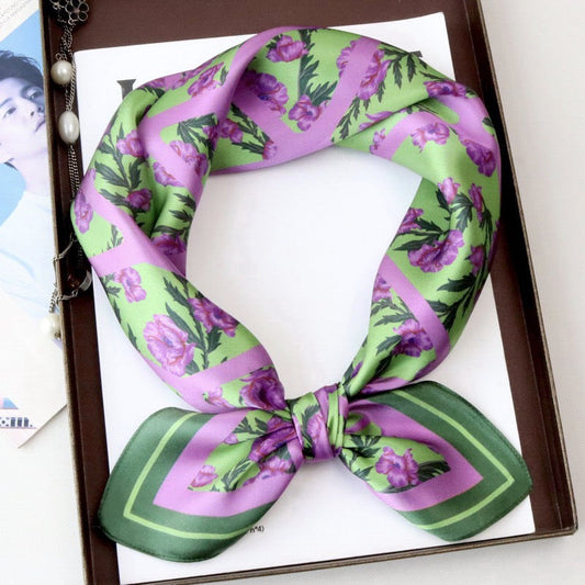 Green & Lilac Floral Mulberry Silk Square Scarf 70cm