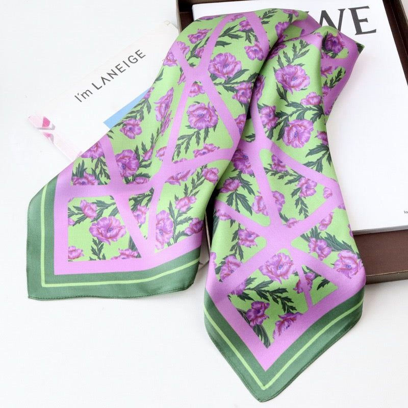 Green & Lilac Floral Mulberry Silk Square Scarf 70cm