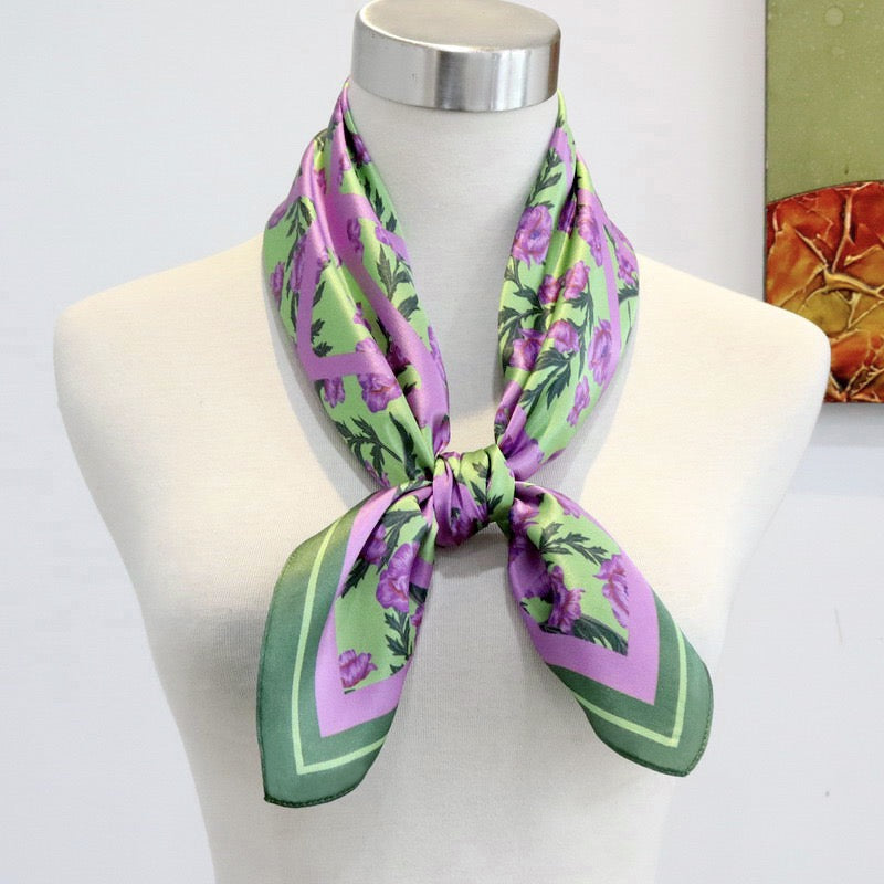 Green & Lilac Floral Mulberry Silk Square Scarf 70cm