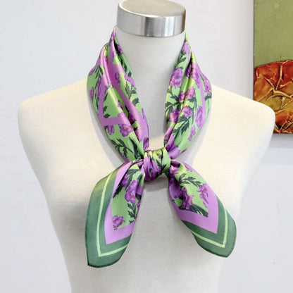 Green & Lilac Floral Mulberry Silk Square Scarf 70cm