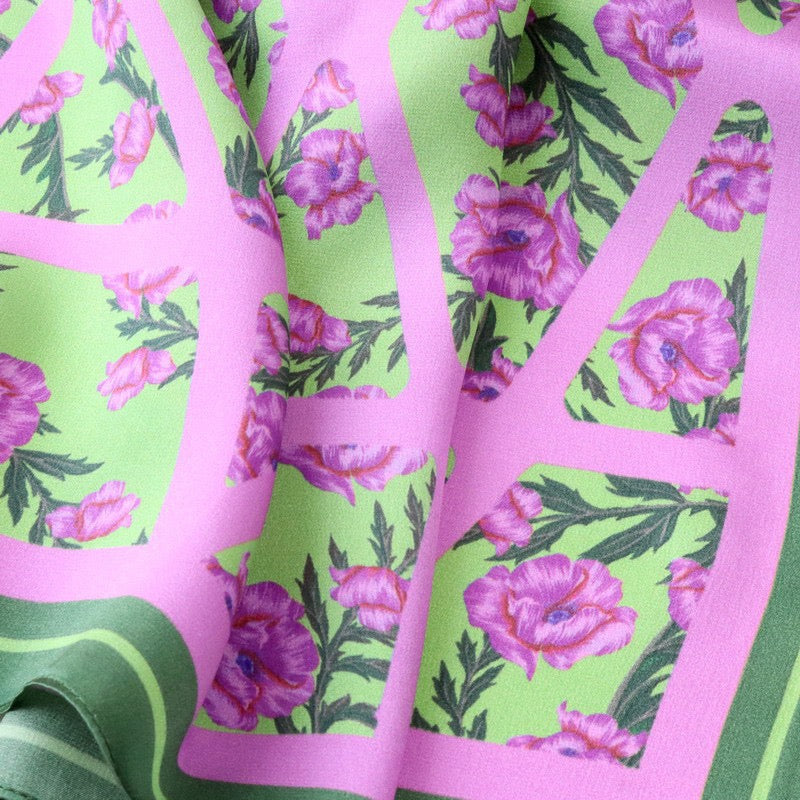 Green & Lilac Floral Mulberry Silk Square Scarf 70cm