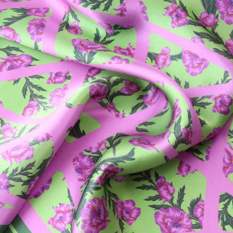 Green & Lilac Floral Mulberry Silk Square Scarf 70cm