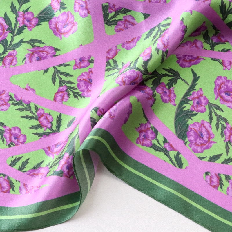 Green & Lilac Floral Mulberry Silk Square Scarf 70cm