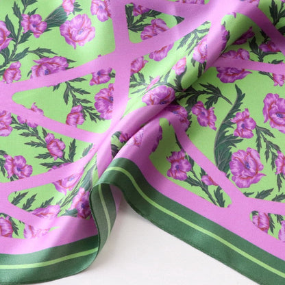Green & Lilac Floral Mulberry Silk Square Scarf 70cm