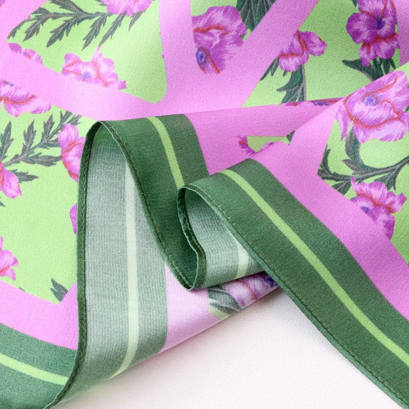Green & Lilac Floral Mulberry Silk Square Scarf 70cm