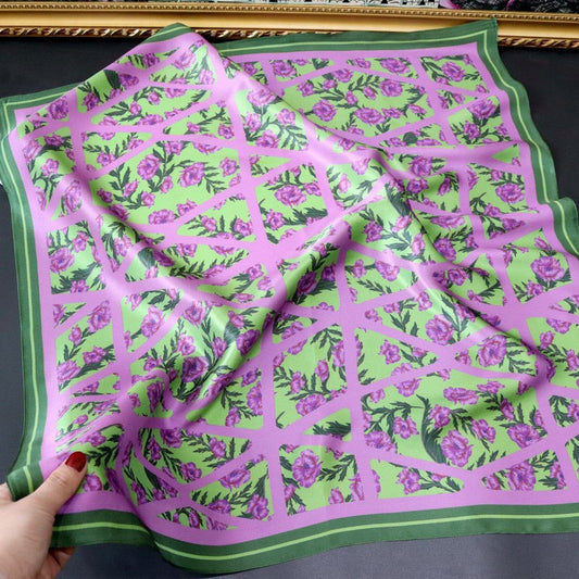 Green & Lilac Floral Mulberry Silk Square Scarf 70cm