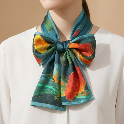 Golden Ginkgo Reversible Silk Skinny Scarf