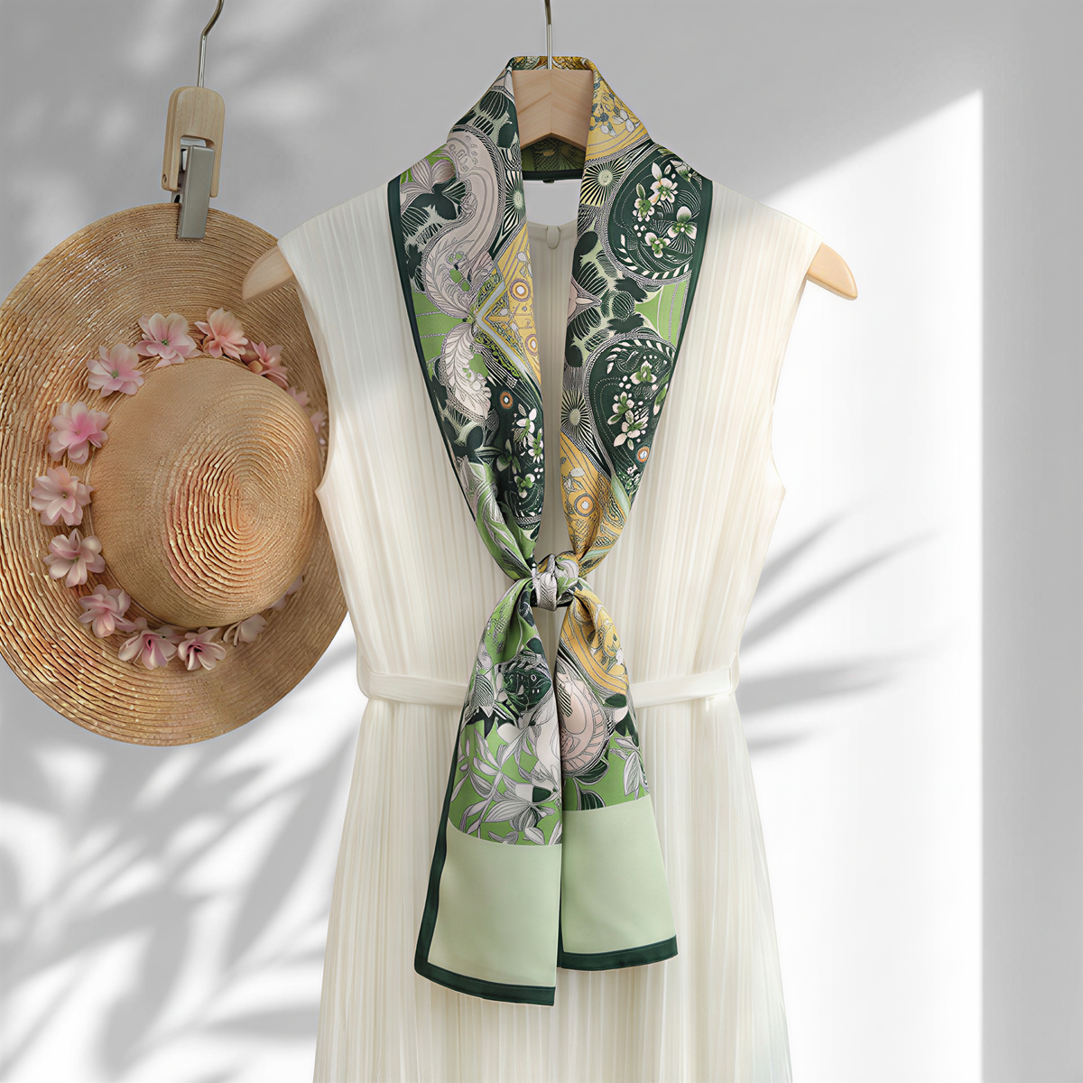 Reversible 100% Mulberry Silk Scarf – Green Paisley Floral Print