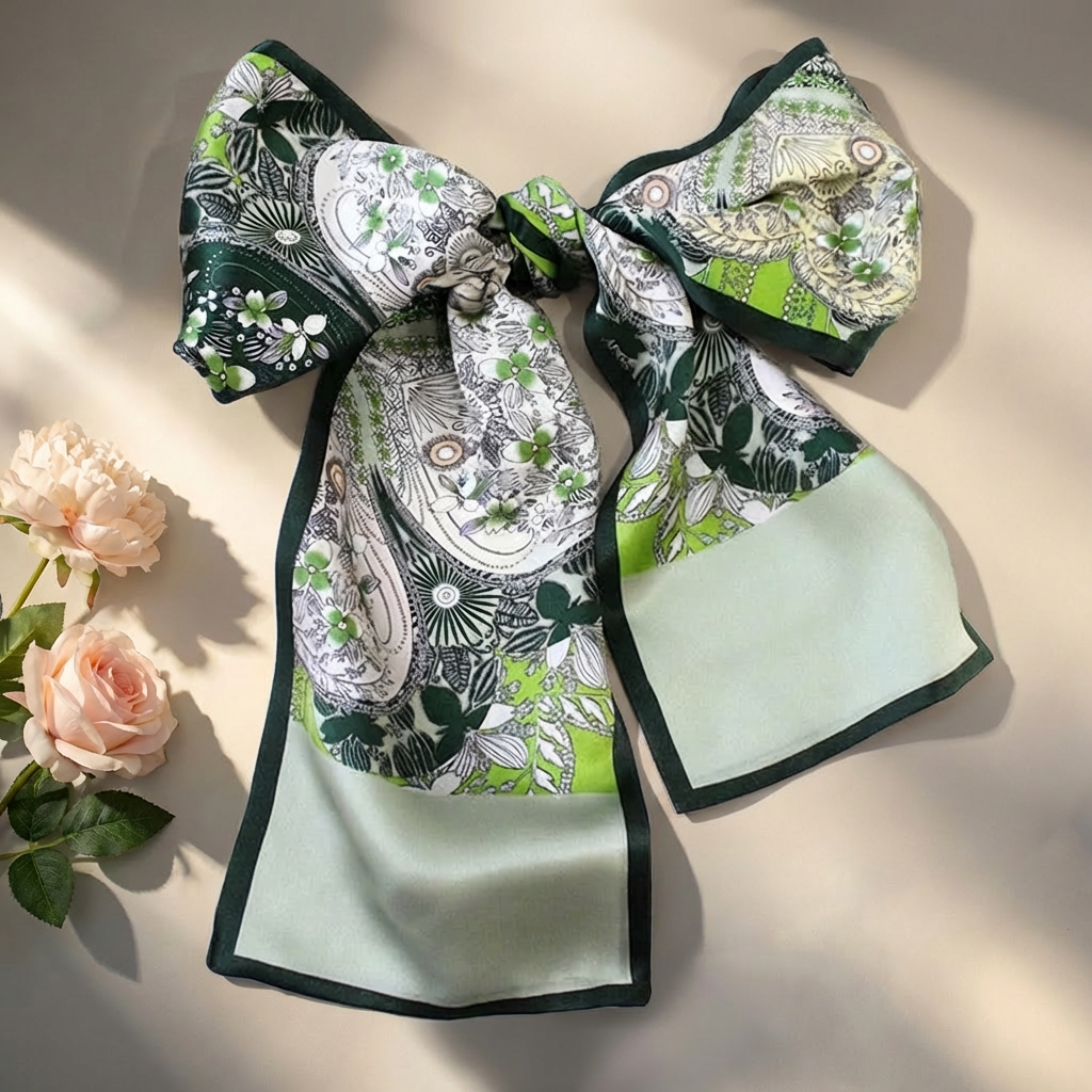 Reversible 100% Mulberry Silk Scarf – Green Paisley Floral Print