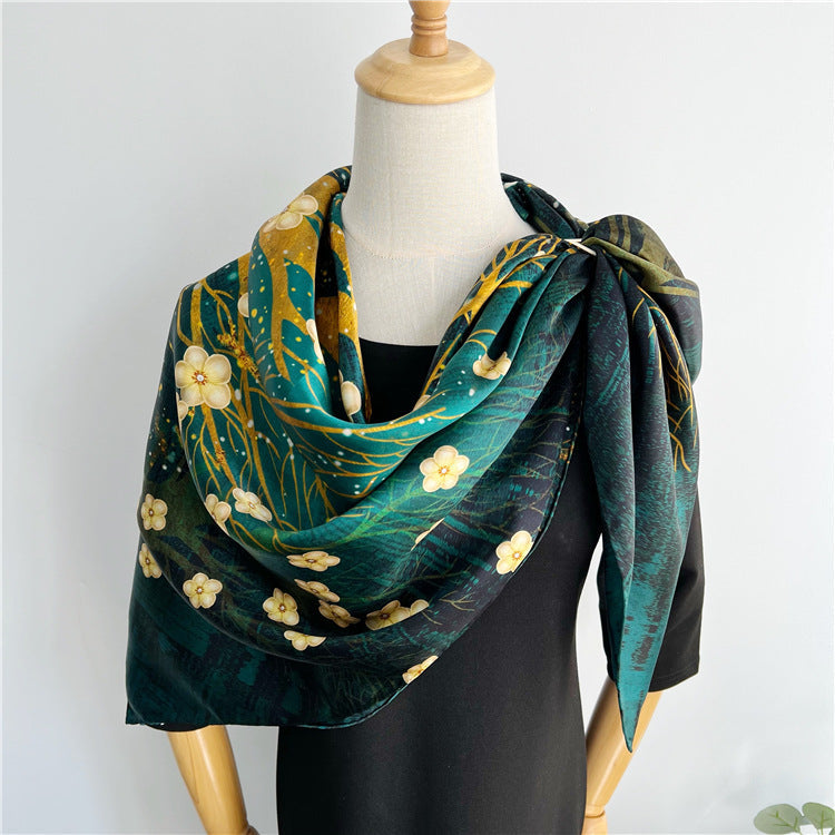 Golden Tree Floral Silk Scarf – 100% Mulberry Silk