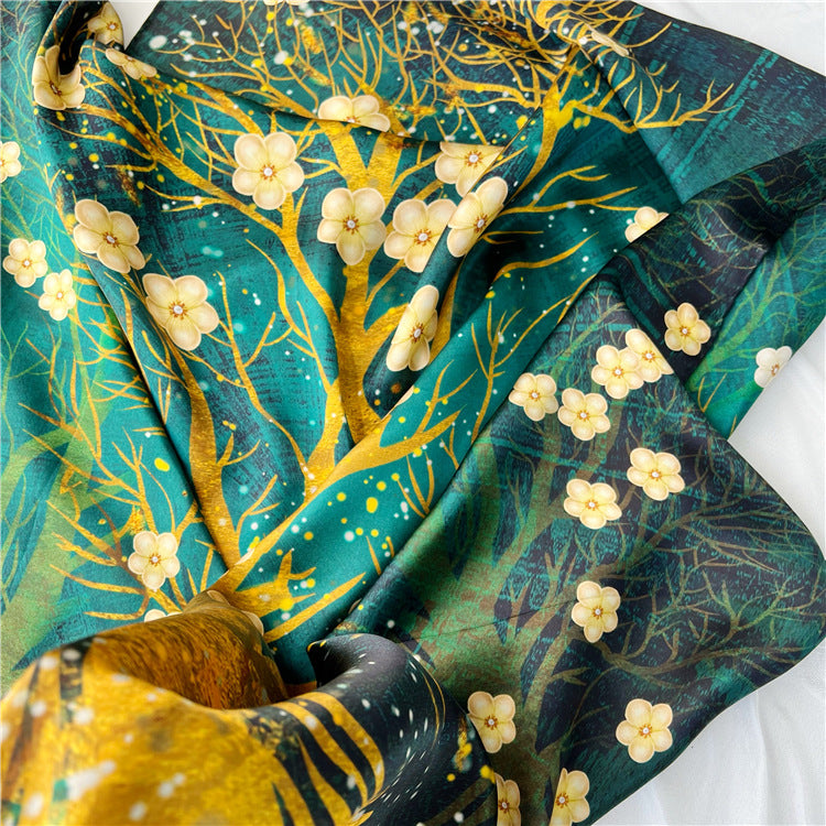 Golden Tree Floral Silk Scarf – 100% Mulberry Silk