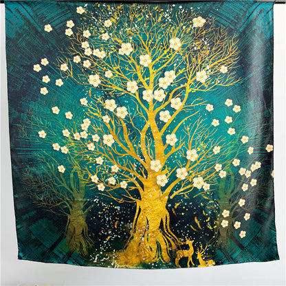Golden Tree Floral Silk Scarf – 100% Mulberry Silk
