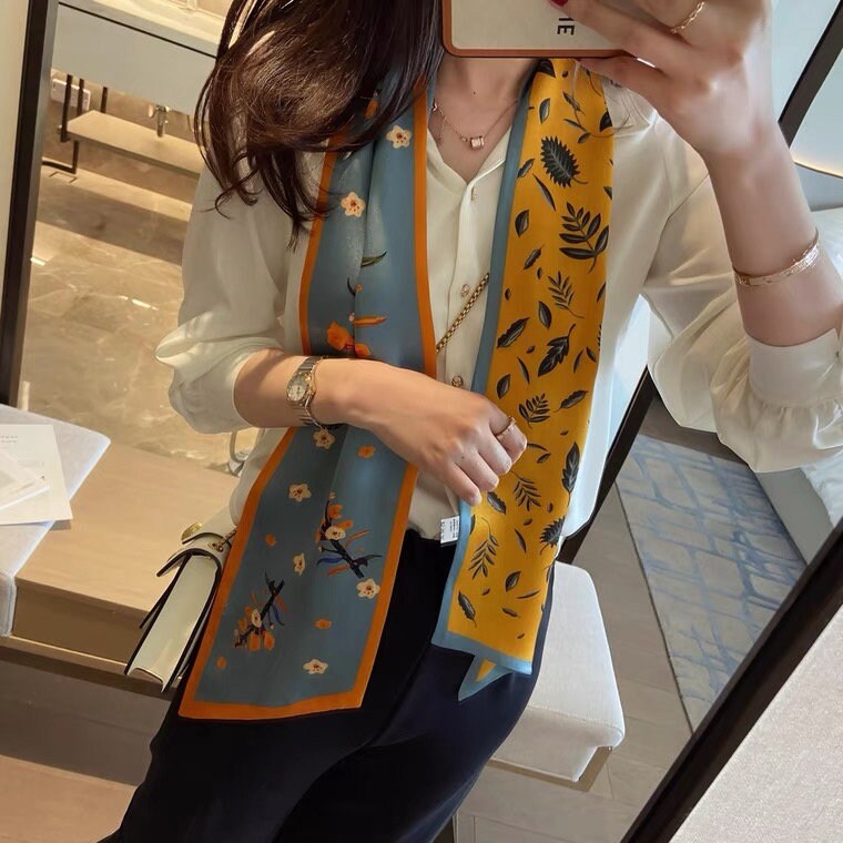 Reversible 100% Mulberry Silk Scarf –floral and leaf pattern in orange and blue