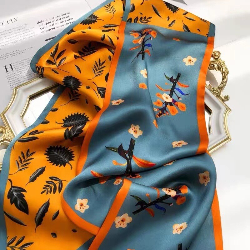 Reversible 100% Mulberry Silk Scarf –floral and leaf pattern in orange and blue