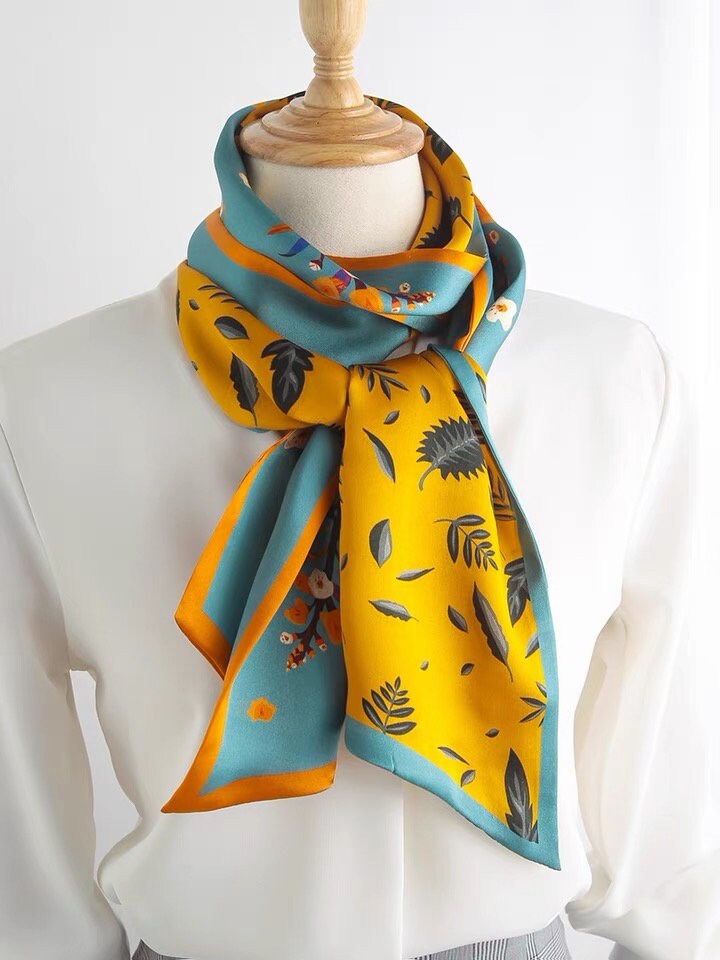 Reversible 100% Mulberry Silk Scarf –floral and leaf pattern in orange and blue