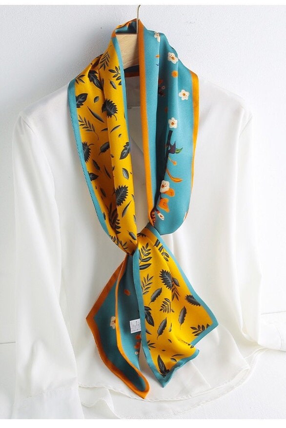 Reversible 100% Mulberry Silk Scarf –floral and leaf pattern in orange and blue