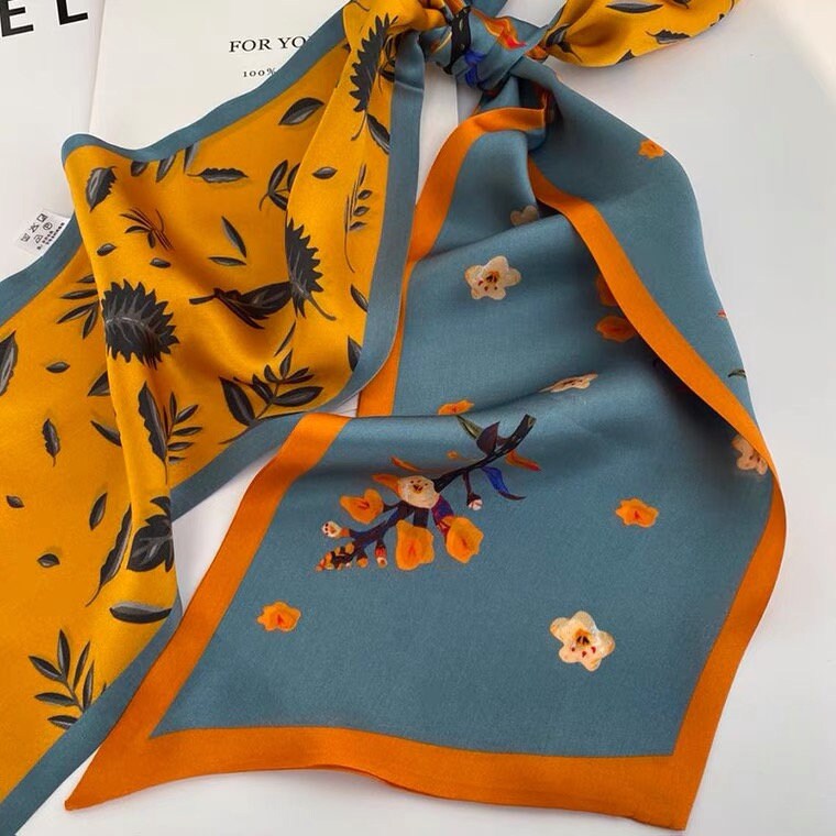 Reversible 100% Mulberry Silk Scarf –floral and leaf pattern in orange and blue