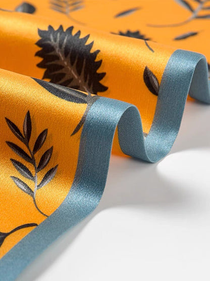 Reversible 100% Mulberry Silk Scarf –floral and leaf pattern in orange and blue