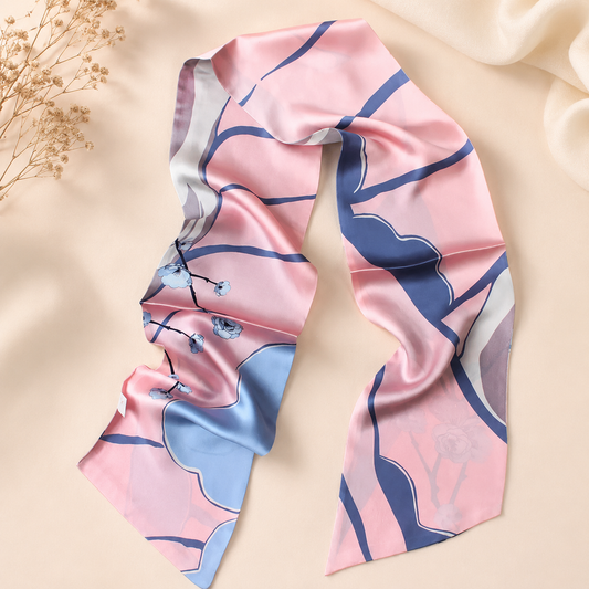 Pink Silk Scarf, Floral Neck Scarf for Women, Long Skinny Scarf, Hair Scarf, Bag Scarf, Mulberry Silk Gift for Her