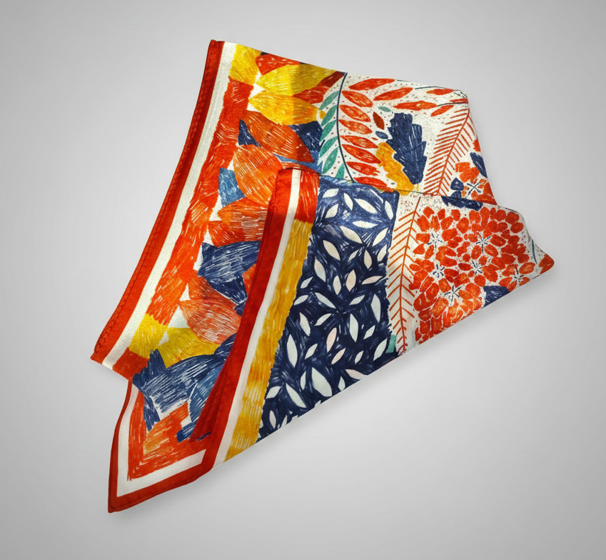 Mulberry Silk Scarf: Floral Print Neckerchief (53x53cm)