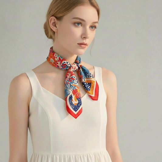 Mulberry Silk Scarf: Floral Print Neckerchief (53x53cm)